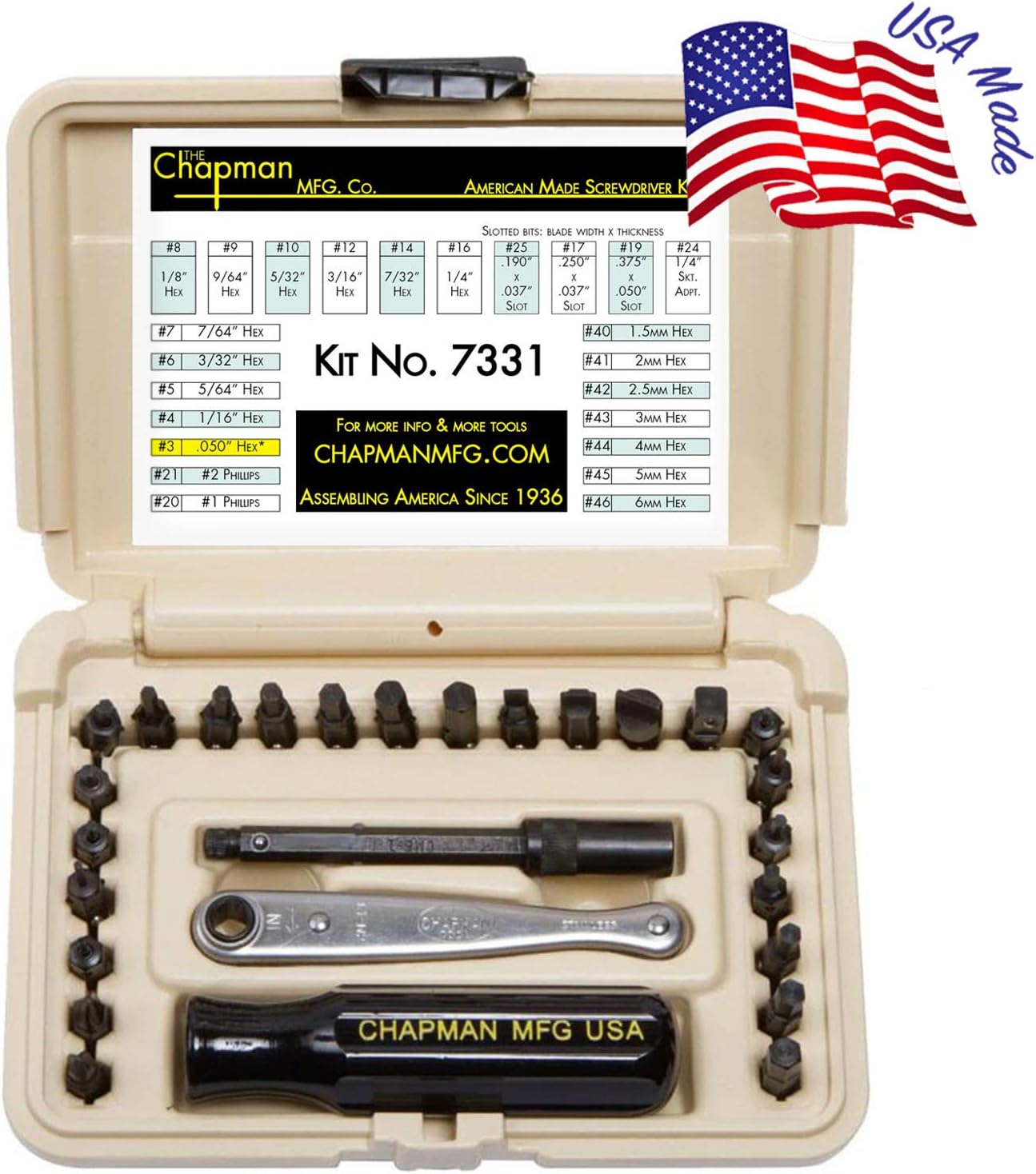 Chapman MFG 7331 All-Purpose Standard Screwdriver Set - Includes Phillips, SAE Allen Hex & Slotted/Flathead Bits - Complete Set Offers 24 USA Made Insert Bits + Mini Ratchet Hand Tool (Yellow Case)