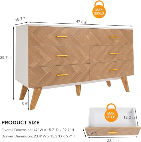 6 Drawer Dresser for Bedroom, Rustic Brown Wooden Double Dresser, Wide Dressers & Chests of Drawers, Large Storage Organizer Cabinet for Hallway, Burlywood&White