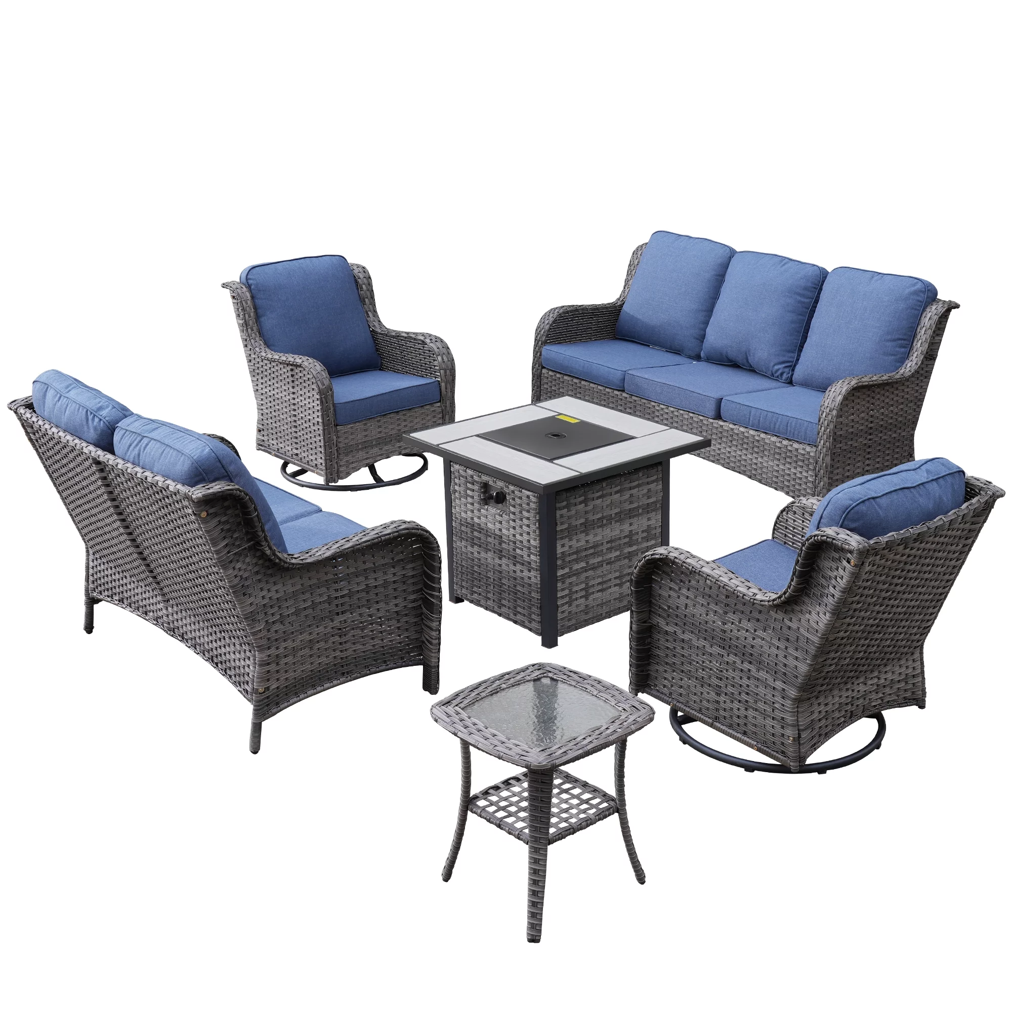Ovios 6 Pieces Outdoor Patio Furniture with Fire Pit Table Wicker Patio Sectional Sofa with Swivel Chairs for Backyard