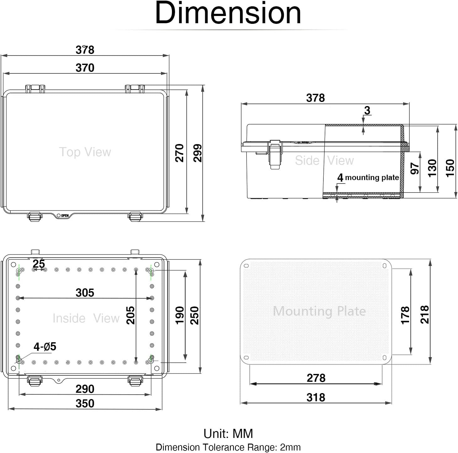 QILIPSU Clear Hinged Cover Stainless Steel Latch 370x270x150mm Junction Box with Mounting Plate, ABS Plastic DIY Electrical Project Case IP67 Waterproof Dustproof Enclosure Grey (14.6