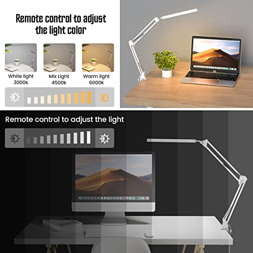 LED Desk Lamp, Swing Arm Desk Light with Clamp, 3 Lighting 10 Brightness Eye-caring Modes, reading desk lamps for home office 360°Spin with USB Adapter & Memory Function black-14W