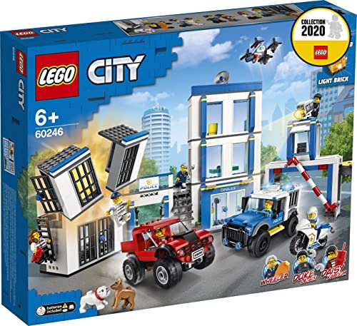 LEGO 60246 City Police Station Building Set with 2 Truck Toys, Light & Sound Bricks, Drone and Motorbike