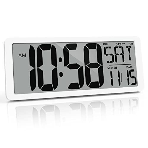Digital Atomic Clock Never Needs Setting, 14.2’’ Wall Clock Auto Backlight, Large Display Clock Battery Operated with Temp, Date,Timer, DST, for Living Room, Bedroom, Classroom White
