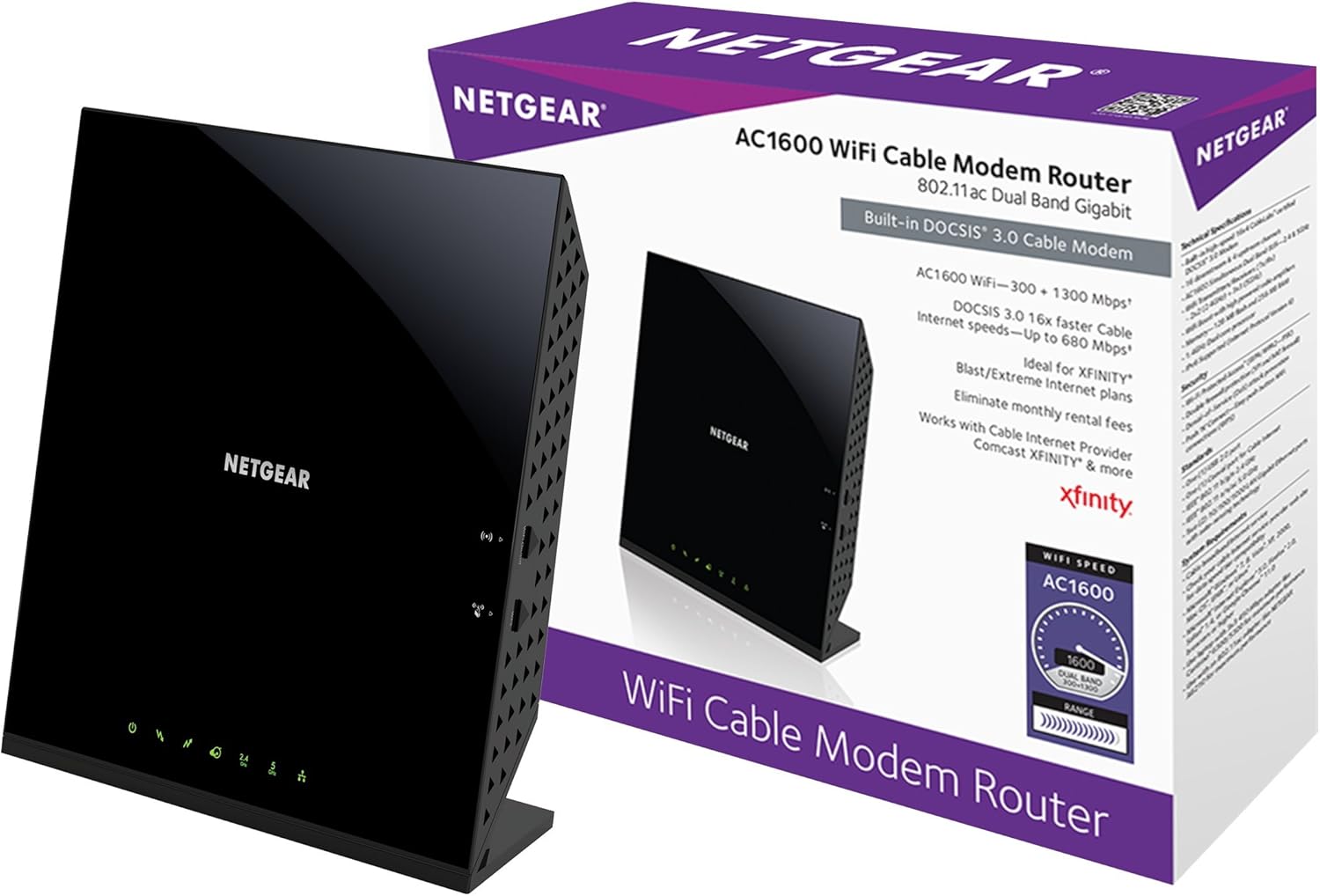 NETGEAR Nighthawk Cable Modem WiFi Router Combo C7000-Compatible with Cable Providers Including Xfinity by Comcast, Spectrum, Cox for Cable Plans Up to 800Mbps | AC1900 WiFi Speed | DOCSIS 3.0