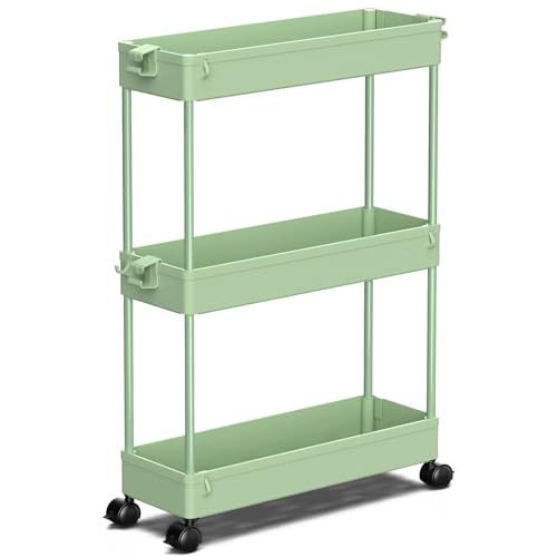 SPACEKEEPER Slim Storage Cart 3 Tier Mobile Shelving Unit Organizer Slide Out Storage Rolling Utility Cart Tower Rack for Kitchen Bathroom Laundry Narrow Places, Plastic & Stainless Steel