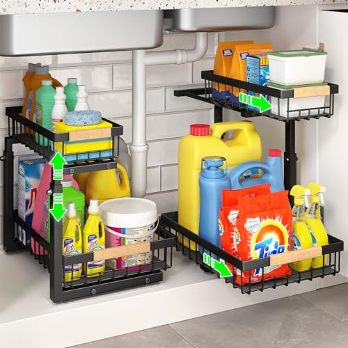 Pull out Cabinet Organizer, 2 Tier Under Sink Organizer, Slide out Metal Kitchen Cabinet Organizers Drawer Shelf, Sliding Storage Shelves for Kitchen Bathroom Pantry Cabinet Closet Organization Rack
