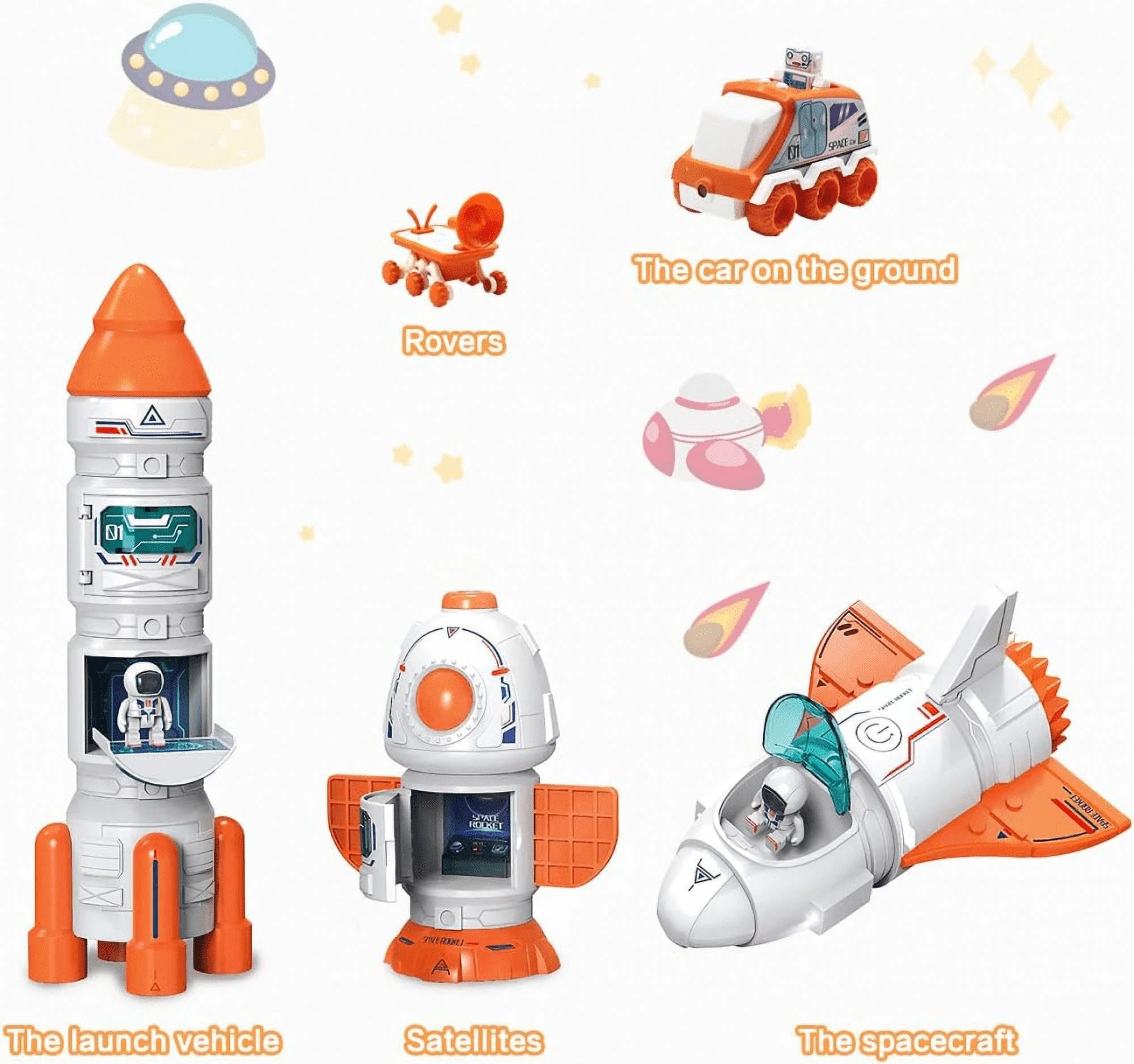 5 in 1 Spaceship Toy for Boys 3-8, Aerospace Model Space Figure Toys with Sound & Lights, Mostop Space Toy for Kids Rocket Ship Toys with Space Shuttle, Space Rover, Spaces Station,