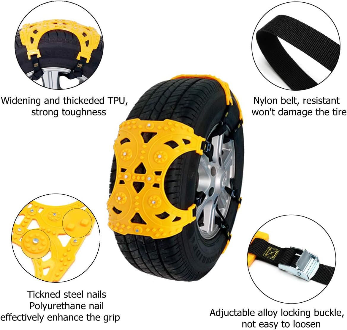 Jeremywell Universal Tire Security Snow Chains - Premium Quality Strong Durable All Season Anti-Skid Car, SUV, and Pick Up Patterned Tire Chains for Emergencies and Road Trip Pack of 6