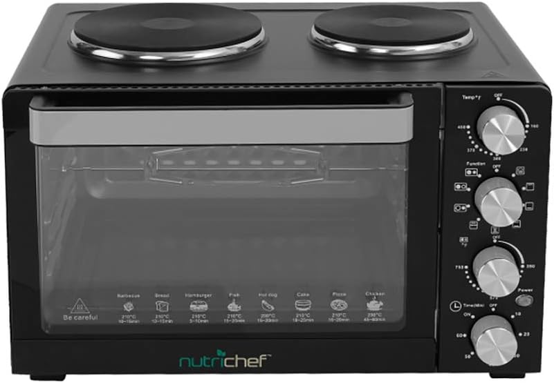 NutriChef 30 Quarts Kitchen Convection Oven - 1400 Watt Countertop Turbo, Rotisserie Roaster Cooker with Grill, Griddle Top Rack, Dual Hot Plates, Toaster, Baking Tray, Skewers and Handles - PKRTO28