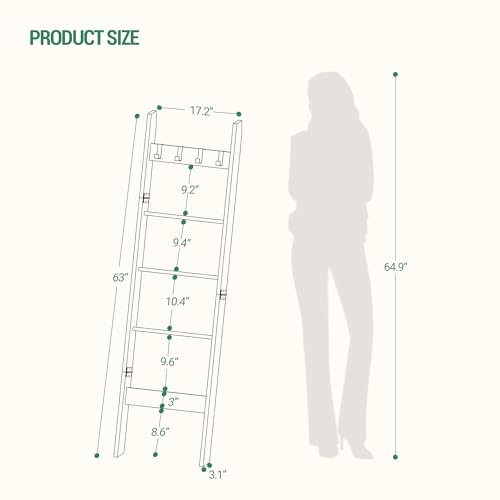 Blanket Ladder Shelf for Living Room, Decorative Wood Quilt Rack with 4 Removable Hooks, 5-Tier Farmhouse Ladder Holder Organizer for Bedroom, Greige and Black BR02105B