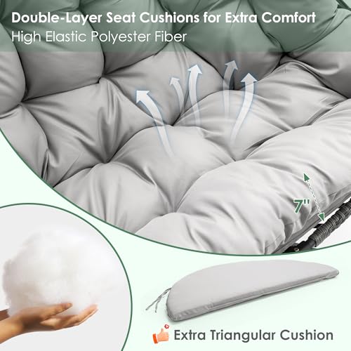 Double Egg Swing Chair with Stand for Outdoor, Patio Hand Made Rattan Wicker 2 Double Hanging Egg Chairs Hammock Chair with UV Resistant Cushion and Metal Frame, Porch Swing Loveseat for Backyard