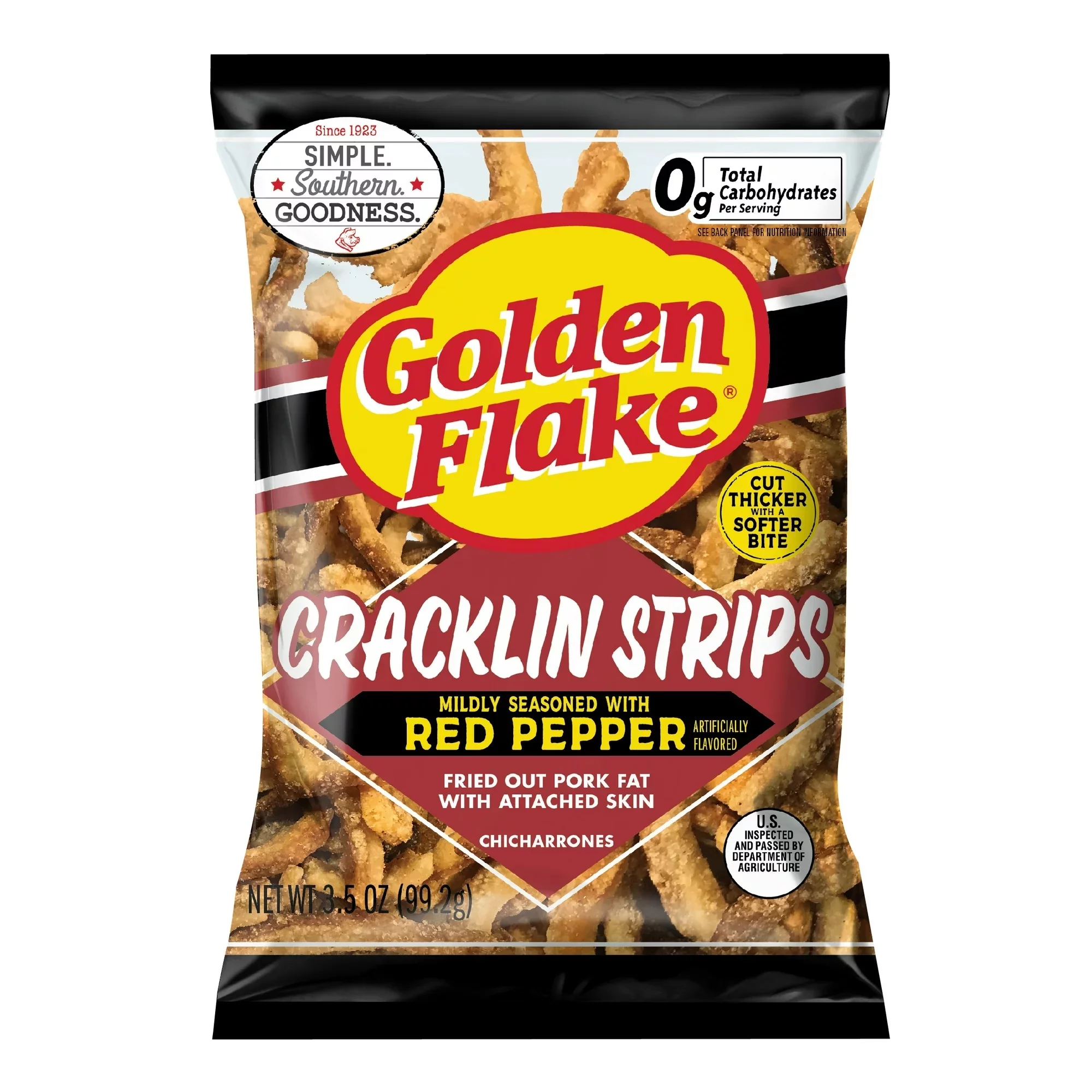 Golden Flake Fried Pork Cracklin Strips Mildly Seasoned with Red Pepper- 3.5 oz. Bags (6 Bags)