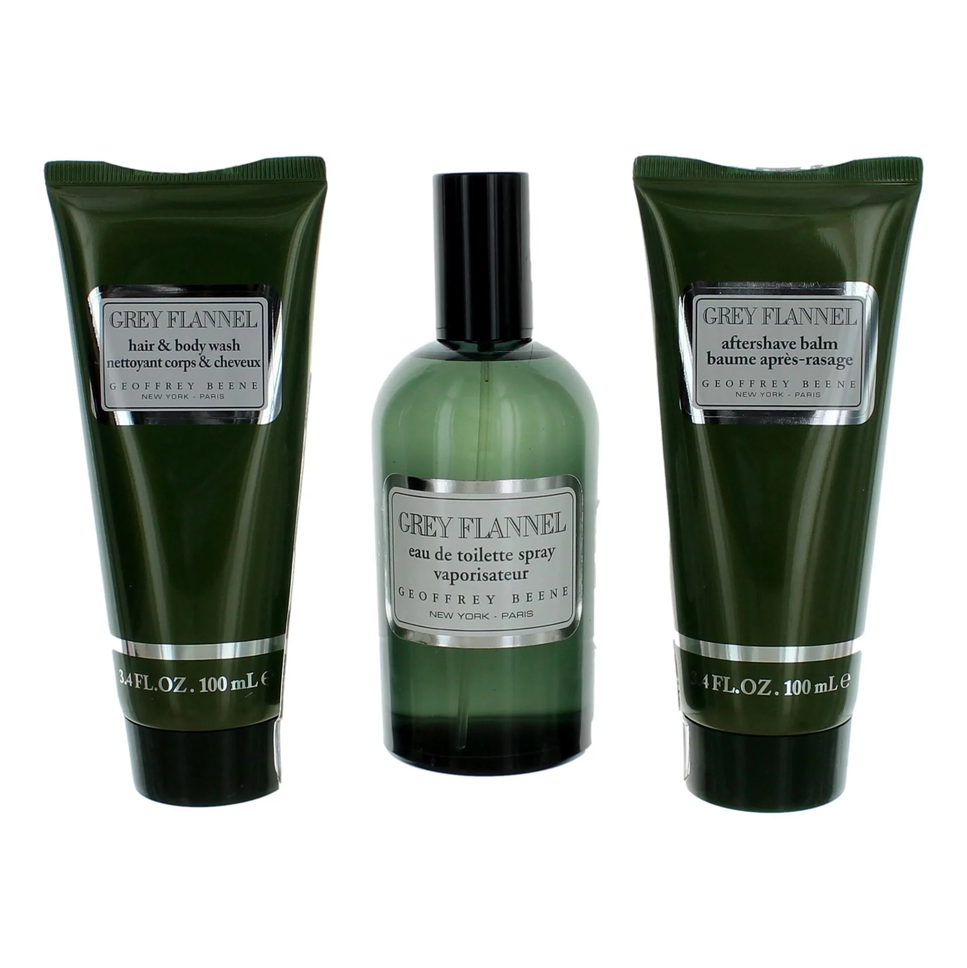 Geoffrey Beene Grey Flannel , 3 Pc Gift Set 4oz EDT Spray, 3.4oz After Shave Lotion, 3.4oz Hair and Body Wash