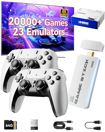 Retro Gaming Console, 20,000+ Retro Game Stick, 23 Emulators, 4K HD TV Game Stick, Built-in Classic Video Games, Plug & Play Game Console for TV with 2 Wireless Controllers