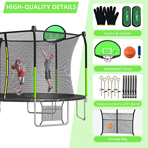 SKOK Trampoline 8FT 10FT 12FT 14FT 15FT Trampolines with Enclosure Net, 400LBS Outdoor Trampolines for Kids with Basketball Hoop-ASTM Approved Trampoline for Children and Adults with Ladder