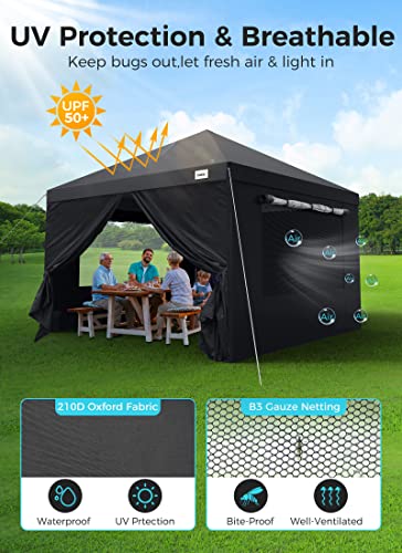 Pop up Canopy Tent with Window, 10x10 Ft Outdoor Gazebo Tent with Removable Zip up Sidewall and Doors, 1 Bonus Wheeled Case, Waterproof Camping Shelter for Patio Family Wedding Events, Black