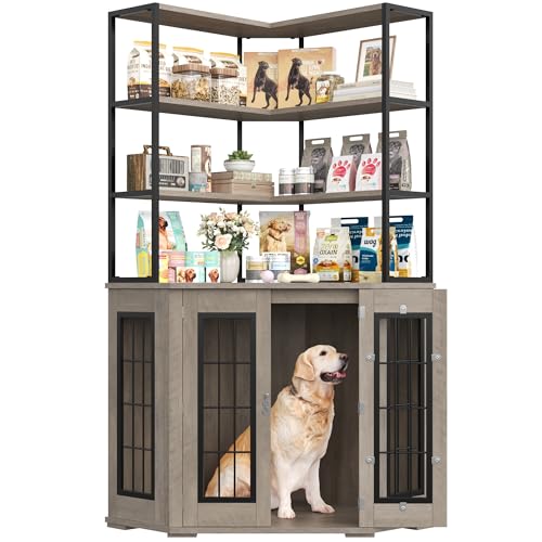 Corner Dog Crate Furniture with Storage, Decorative Large Dog Kennel Indoor Furniture with Double Doors, 2 Safety Locks, 4-Tier Shelves, Large Dog Cage Furniture for Medium and Big Dogs