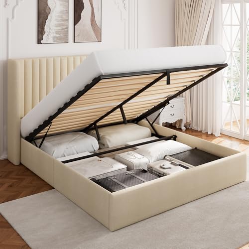 Full Size Lift Up Storage Bed, Upholstered Platform Bed Frame with Wingback Headboard, Hydraulic System, Solid Wooden Slats Support, Noise-Free, No Box Spring Needed, Easy Assembly, White