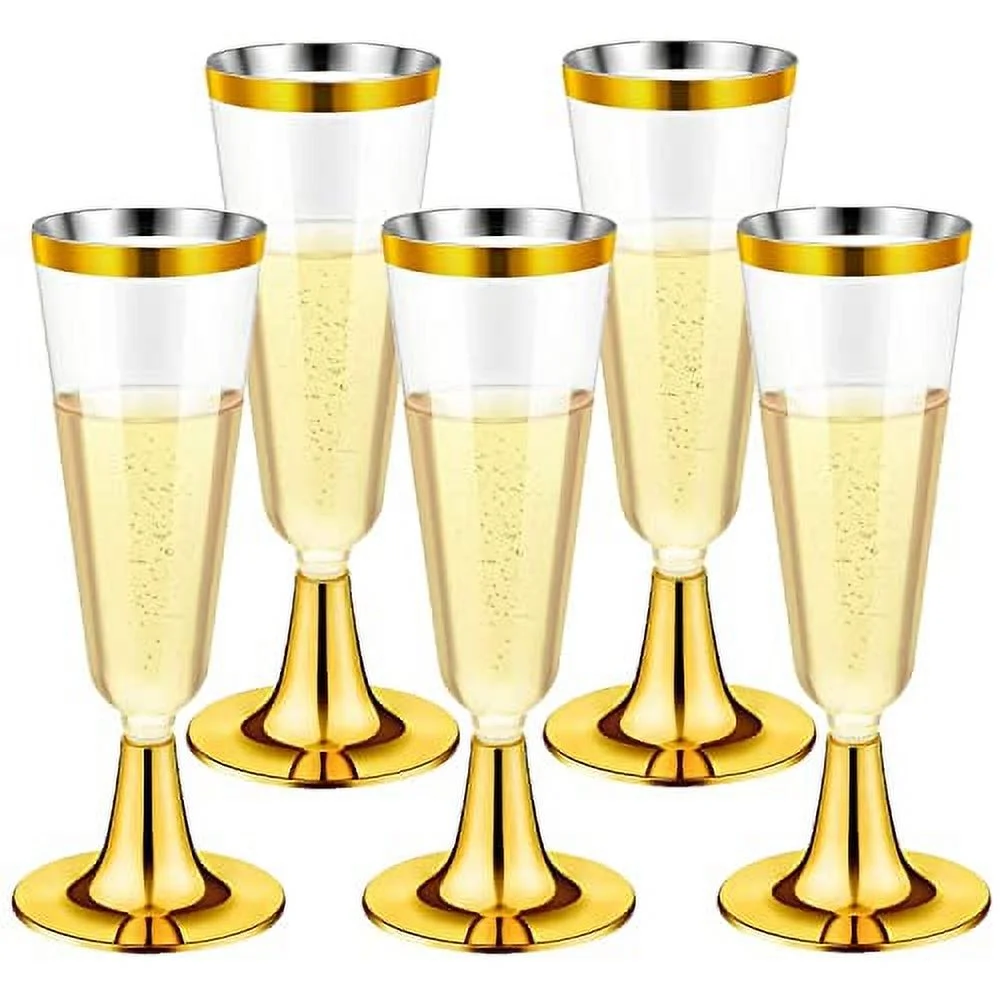 30Pcs Plastic Champagne Flutes, 150ml Gold Champagne Glasses Reusable Stemmed Party Wine Cups