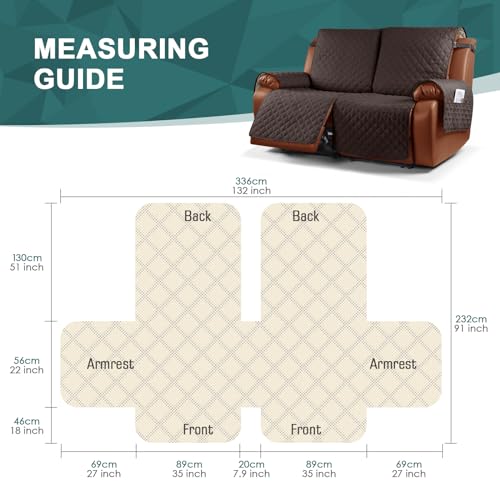 Waterproof Recliner Sofa Cover 1-Piece Couch Covers for Reclining Couches Reclining Sofa Cover Washable Furniture Protector with Elastic Straps Pocket for Kids, Pets (Khaki, 3 Seater)