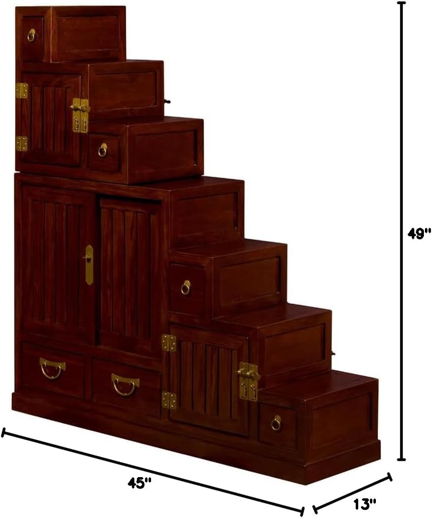 ChinaFurnitureOnline Elmwood Asian Cabinet, Japanese Step Tansu Chest in Mahogany Finish