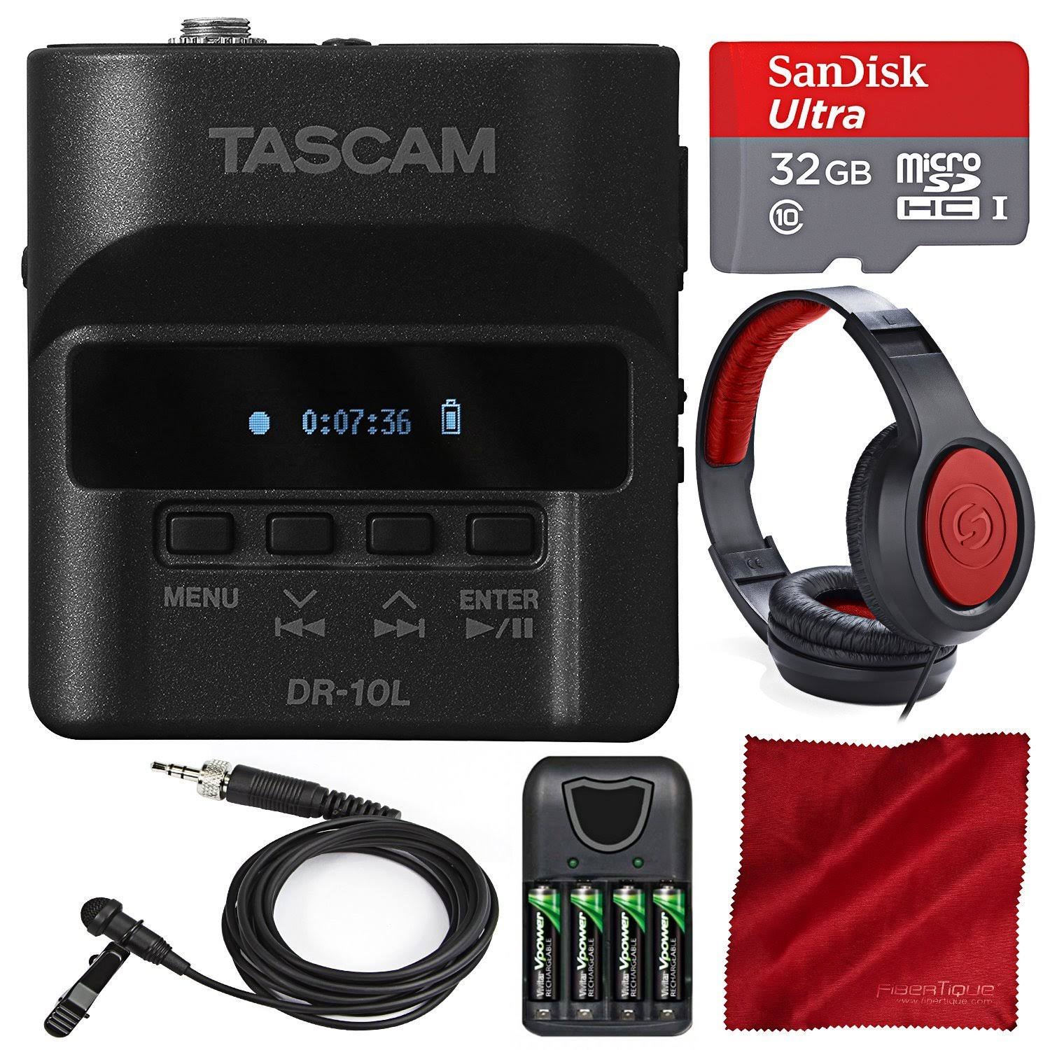 Tascam DR-10L Digital Audio Recorder and Lavalier Mic with 32GB SD Card, Samson Headphones, and Deluxe Bundle