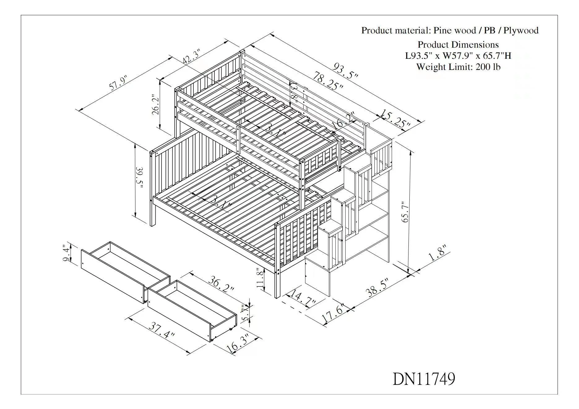 Twin Bunk Bed with 2 Drawers and Stairs, Converts to 2 Beds, Bunk Bed with Stairs and Safety Grabs, Fits Kids, Teens, Adults, White, Dimensions 93.5” x 57.9” x 65.7”