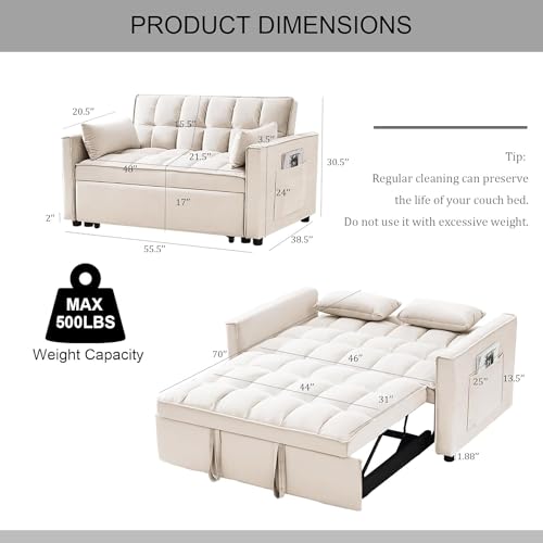 3 in 1 Sleeper Sofa Couch Bed, Velvet Convertible Loveseat Sleeper Sofa with 3 Level Adjustable Backrest, Storage Pockets, Toss Pillows, Pull Out Loveseat Sleeper for Living Room, Black