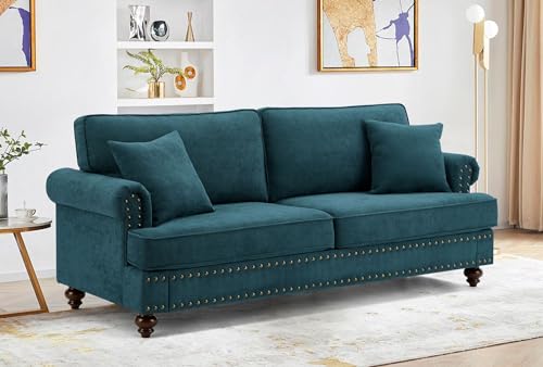 Chesterfield Sofa Classic Large Sofa Fabric Modern 3 Seater Button Tufted Couch Furniture with Rolled Arms and Nailhead for Living Room Office Bedroom Apartment Green