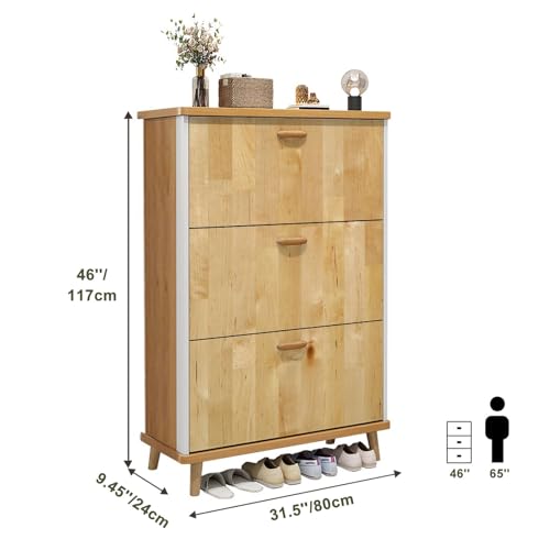 3 Drawer Shoe Cabinet, Artistic Shoe Cabinet, Maple Wood Butcher Block Wood Shoe Rack Organizer for Entryway Slim (31.5”W x 9.45”D 46”H)