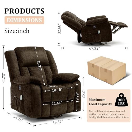 Rocker Recliner Chair, Glider Recliner Chairs for Adults, 360° Swivel Recliner with Massage and Heating, Rocking Recliner Chair with Side Pockets and USB for Living Room, Nursery, Bedroom