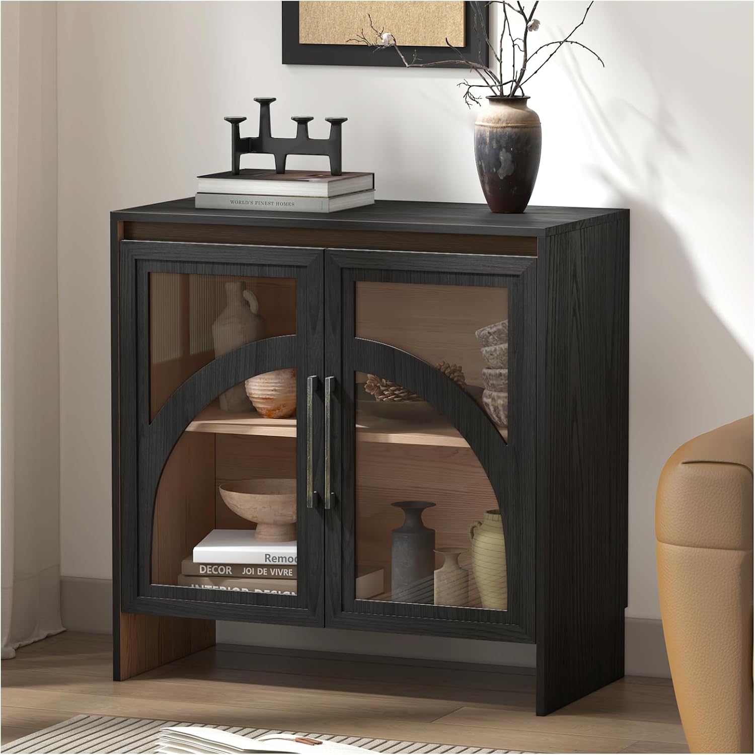 Modern Accent Cabinet,Sideboard Buffet Cabinet with Storage,Arched Cabinet with Glass Door,Credenza Storage Cabinet with Adjustable Shelf for Living Room,Entryway,Dinning Room,Black