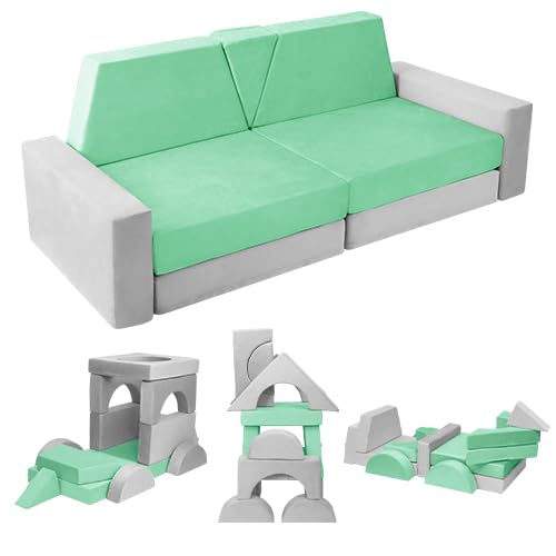YEFU 15pcs Modular Kids Play Couch Convertible Foam, Toddler Couch Play Set for Creative Play, Kids Modular Couch Sofa for Playroom, Bedroom, Gray