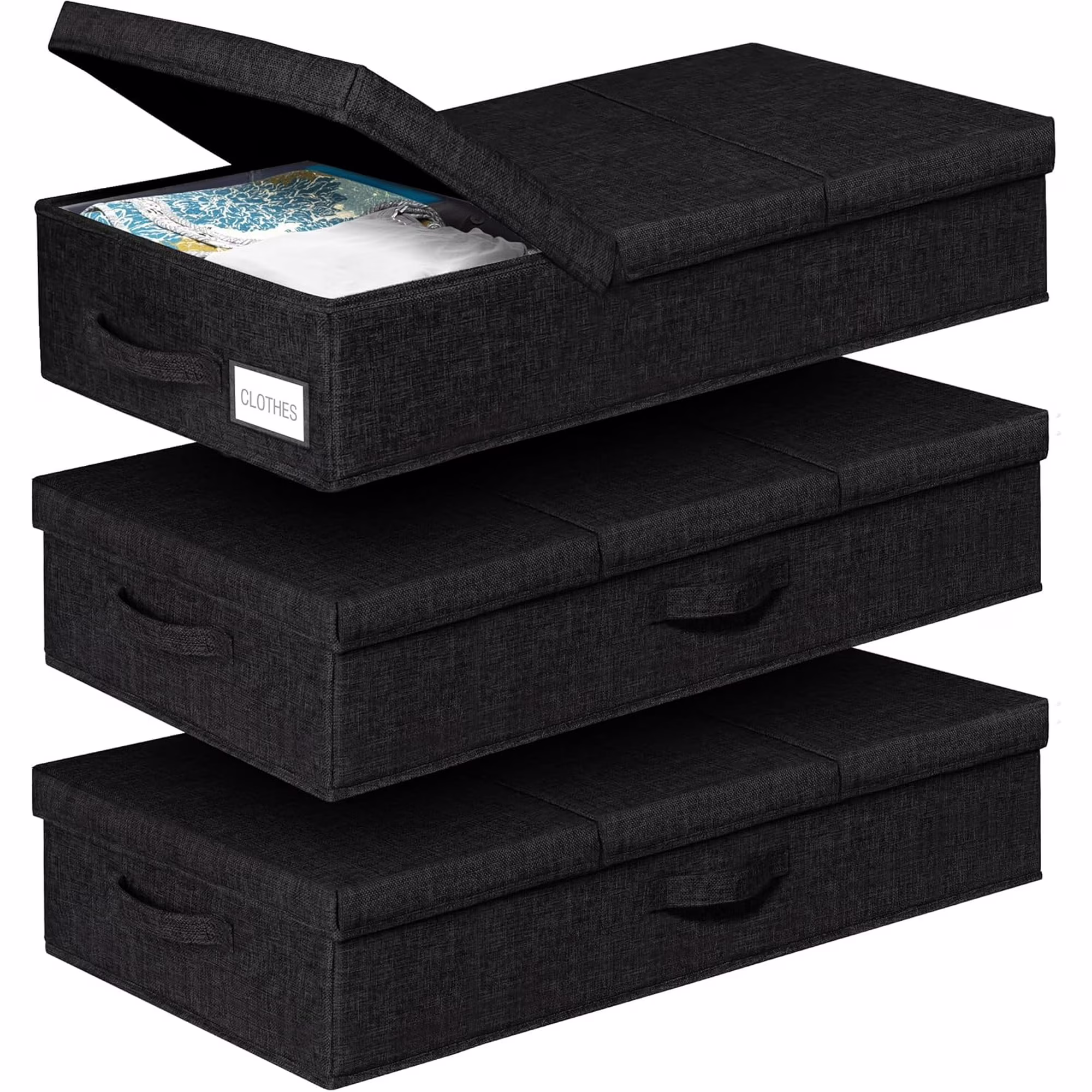 Under The Bed Storage Containers 3 Pack, 6 Inch Tall Stackable Underbed Storage Bins With Handles, Closet Organizers and Storage Bins, Large Under Clothes Drawer Organizers Box For Crib, Black