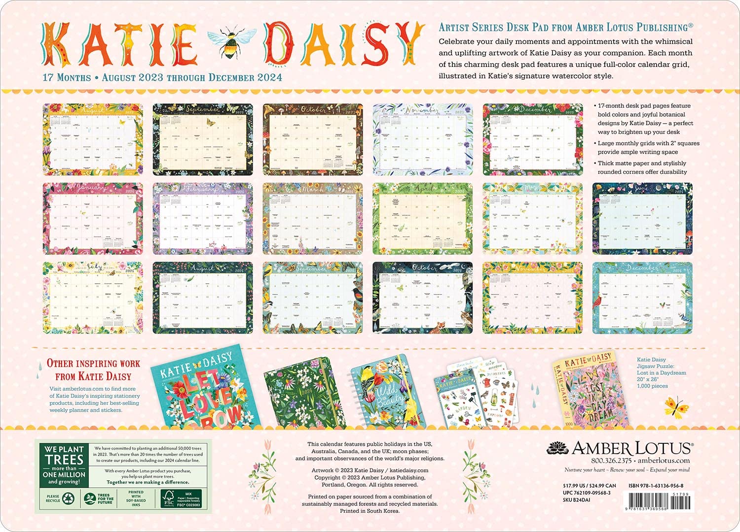 Katie Daisy 2023-2024 Desk Pad Monthly Calendar | 17-Month Calendar (Aug 2023 - Dec 2024) | 18.75