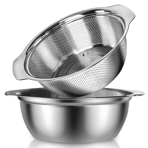 POJORY Stainless Steel Colander, Easy Grip Micro Perforated