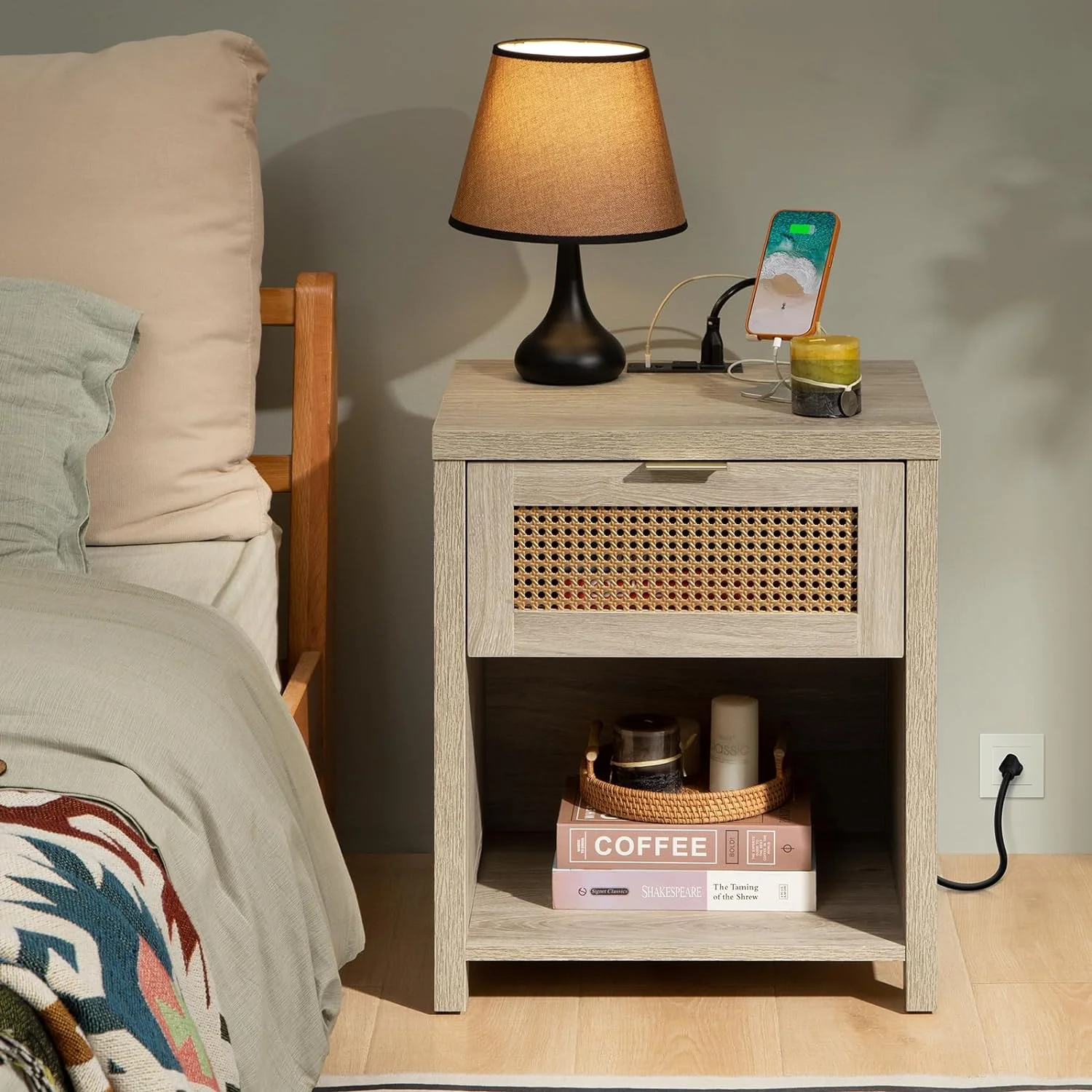 RUNFAYBIU Farmhouse Nightstand with Charging Station - Wood Night Stand with Drawer and    Accent Bedside Table with USB Ports & Outlets   End Table  for Bedroom Living Room