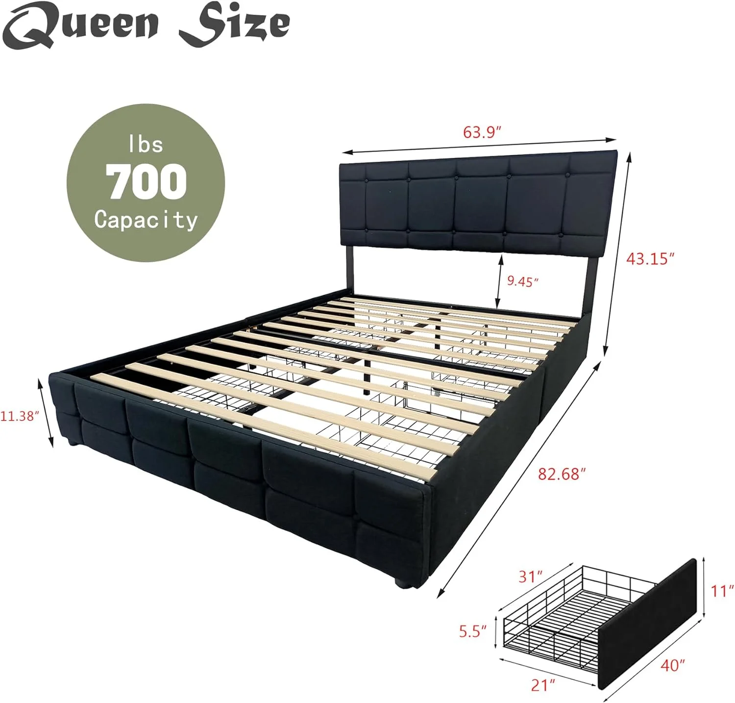 NNV Linen Upholstered Queen Size Platform Bed Frame with 4 Storage Drawers, Black