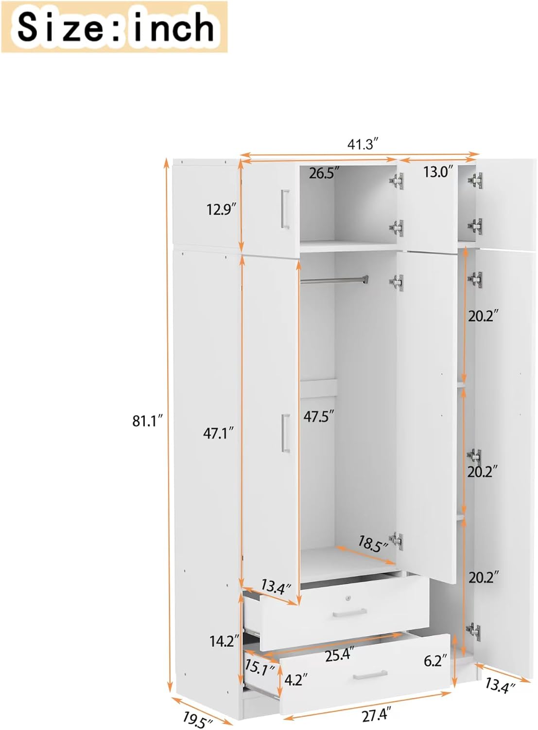 EMKK Mirror Armoire Wardrobe Closet, Bedroom Clothing Storage Cabinet with 2 Drawers and Hanging Rod, 3-Door Freestanding Ar Moire with Adjustable Shelves, 81