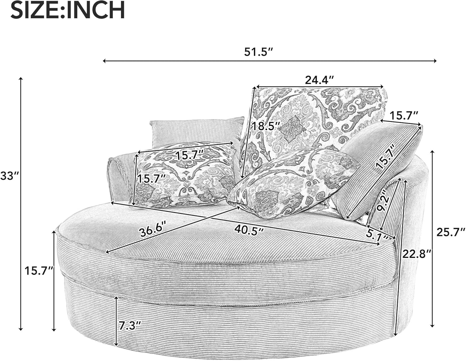 360-Degree Swivel Chair for Living Room Lounge, Modern Round Oversized Barrel Armchair Bedrooms Club Corduroy Upholstered Circle Big Accent Corner Sofachairs with 5 Detachable Pillows