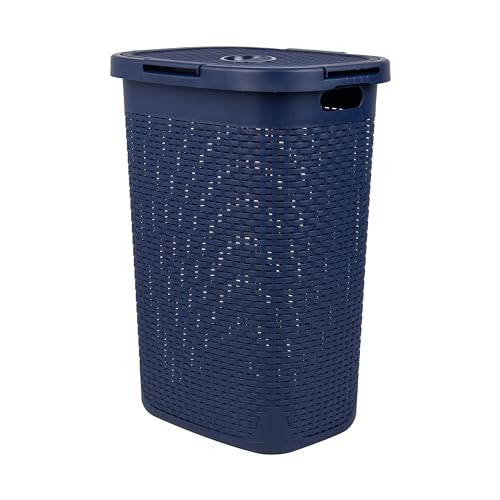 Mind Reader 60L Slim Laundry Hamper, Clothes Basket, Lid, Wicker Style, Plastic, 17.65