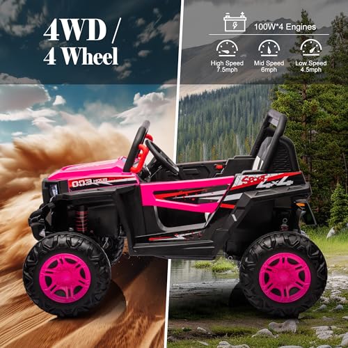 24V Ride on Car Kids Side by Side with Remote Control, 2 Seater 4WD Kids UTV Off-Road Power Wheels,Battery Powered Kids Cars to Drive w/ 4x100W Engine,3 Speeds,Bluetooth,LED Lights (Pink)
