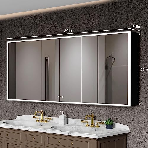 Medicine Cabinets for Bathroom with Mirror, 48”W x 30”H Wall Mounted LED Medicine Cabinet Mirror with Defogger, Dimmer, Outlets & USB, Double Doors