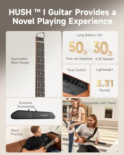 Donner HUSH I Guitar For Travel - Portable Ultra-Light and Quiet Performance Headless Acoustic-Electric Guitar, Mahogany Body with Removable Frames, Gig Bag, and Accessories Natural