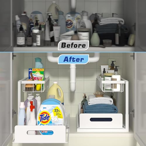 Under Sink Organizers, Metal Pull Out Under Sink Organizers and Storage Shelves with Sliding Drawer, Under Sink Storage for Kitchen, Bathroom, White