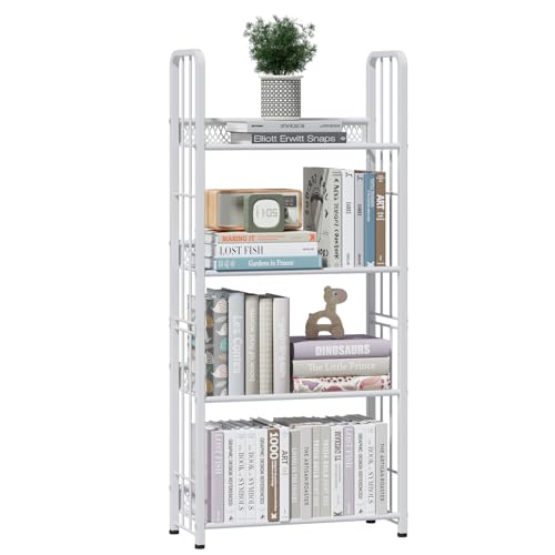 White 5 Tiers Tall Bookshelf, Industrial Storage Shelf, Multifunctional Narrow Bookcase, Display Standing Shelf Units for Living Room, Bedroom, Kitchen