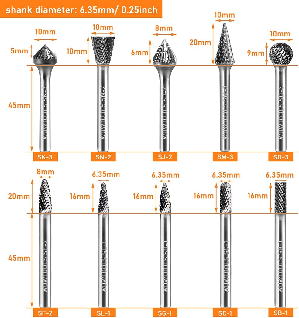 Carbide Cutting Rotary Burrs Set 10PCS, 1/4