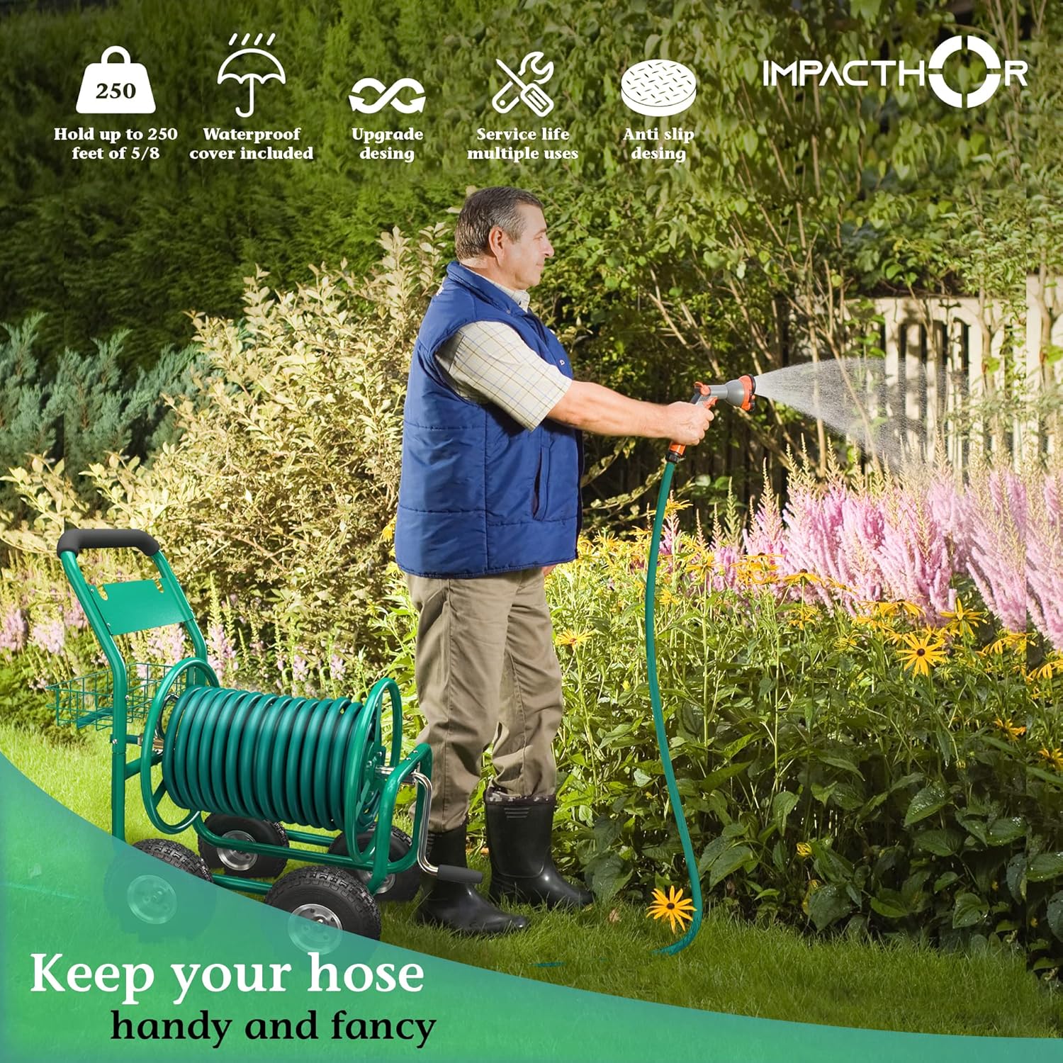 IMPACTHOR Garden Hose Reel Cart With Wheels, Heavy Duty Garden Cart, Waterproof Cover | Spool up to 250 Feet 5/8 Inch Hose | Stainless Steel With Brass Couplings |