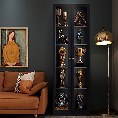Metal Storage Cabinet with 2 Doors, Glass Curio Cabinet with Adjustable Shelves for Display, Heavy Duty Tall Cabinet Organizer 5 Tier Bookcase for Home Office Craft Storage Black
