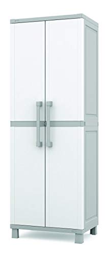 Keter Storage Cabinet with Doors and Shelves for Laundry Room, Garage, Bathroom Accessories, Closet and Home Organization, White & Grey